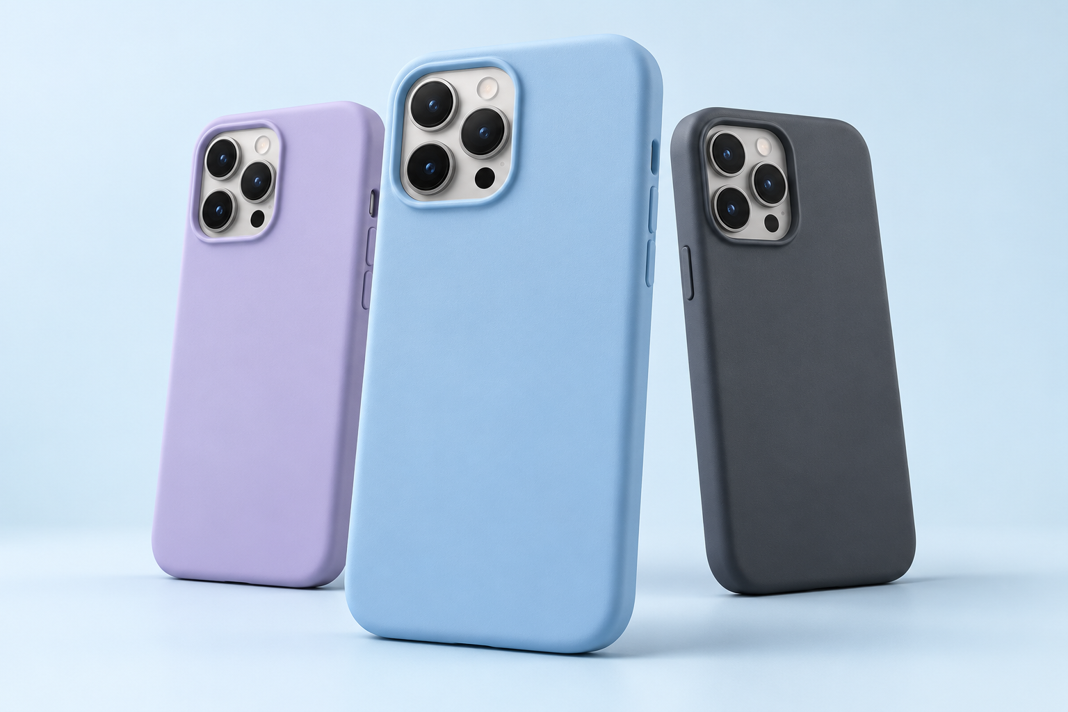 Fundas de móvil en azul cielo, lavanda y grafito